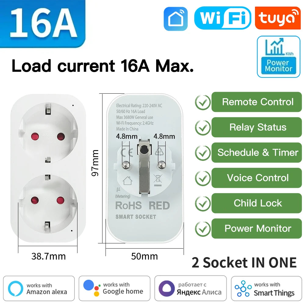Smart Plug Wifi or Zigbee3.0 Socket EU 16A/20A Power Monitor Timing Function Voice Control Work with Alexa Google Home